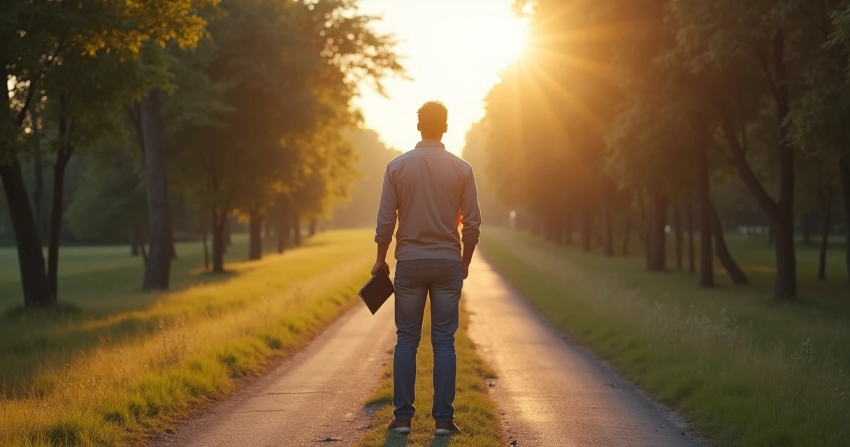 Homem em bifurcação de estrada refletindo sobre caminhos diferentes 