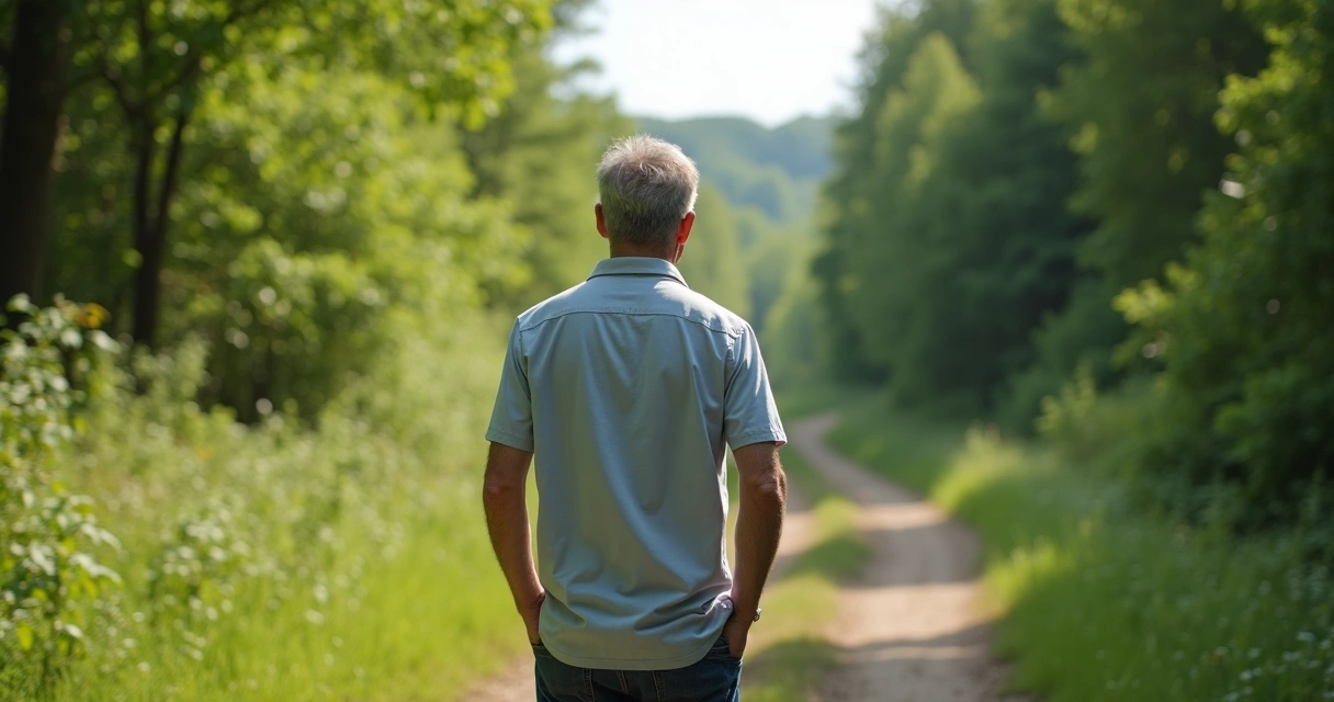Homem parado diante de duas trilhas em área verde