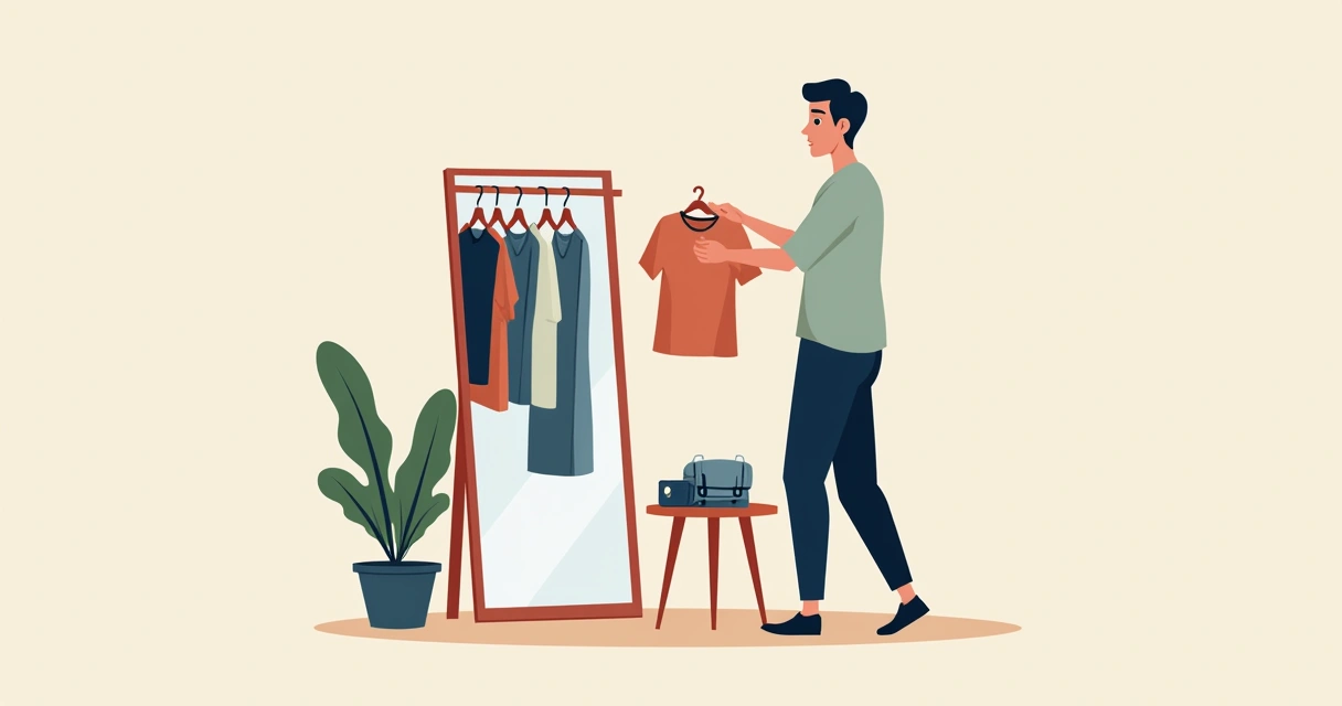 Homem diante do espelho escolhendo camiseta rapidamente com visual minimalista