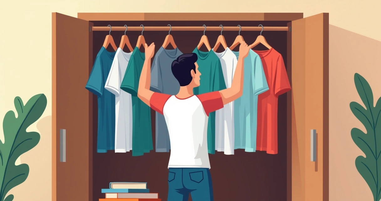 Homem em pé diante do guarda-roupa escolhendo entre camisetas de diferentes cores e cortes