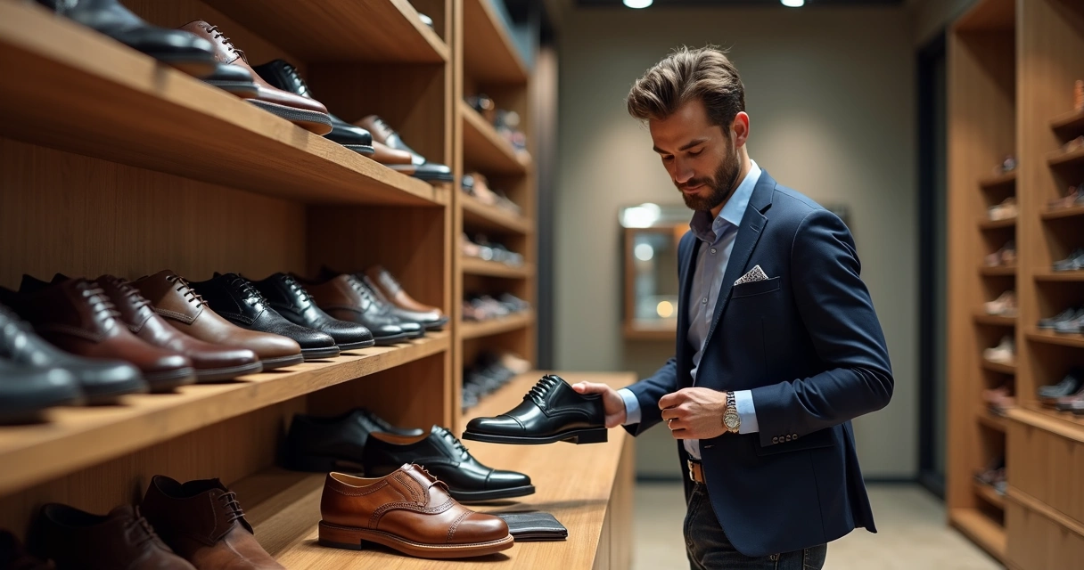 Homem escolhendo sapato social em loja elegante com várias opções na prateleira 