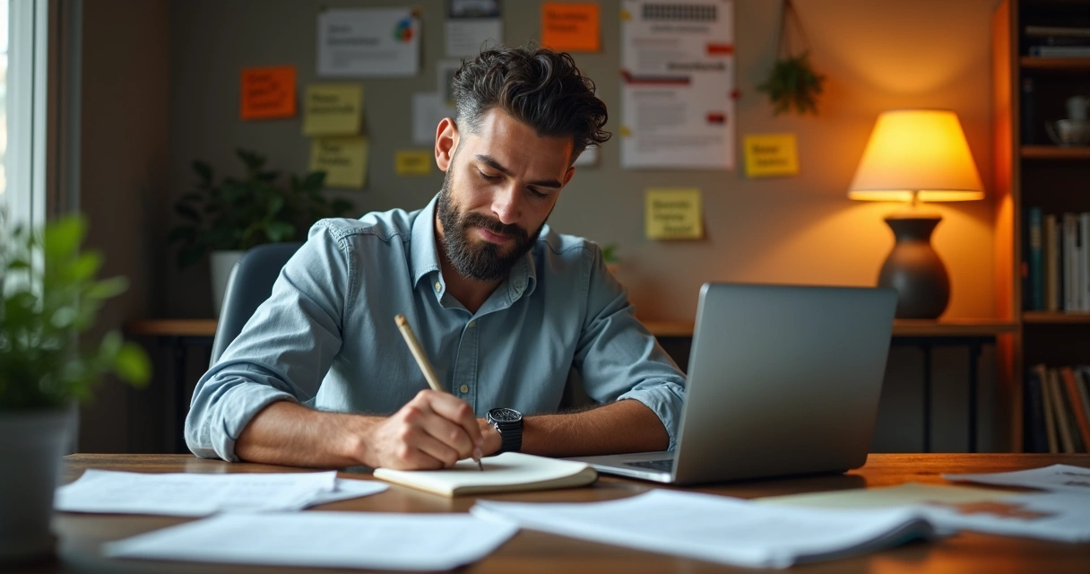 Homem escrevendo argumentos de vendas em bloco de notas 