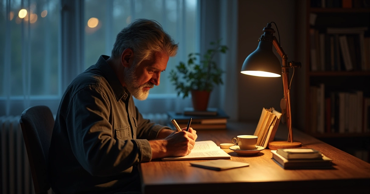 Homem escrevendo em diário à noite à luz suave 