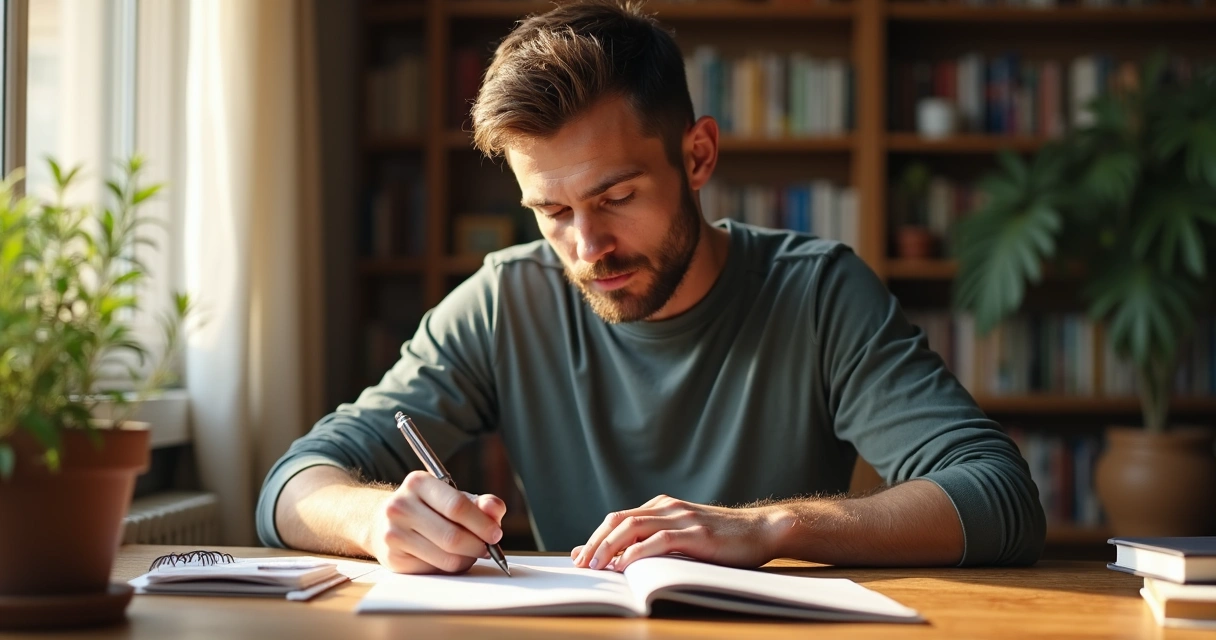 Homem escrevendo em um caderno sentado à mesa 