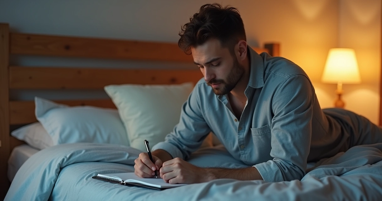 Homem escrevendo em caderno sentado na cama antes de dormir 