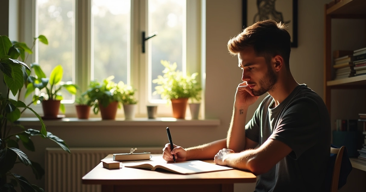 Homem sentado escrevendo pensamentos em um caderno 