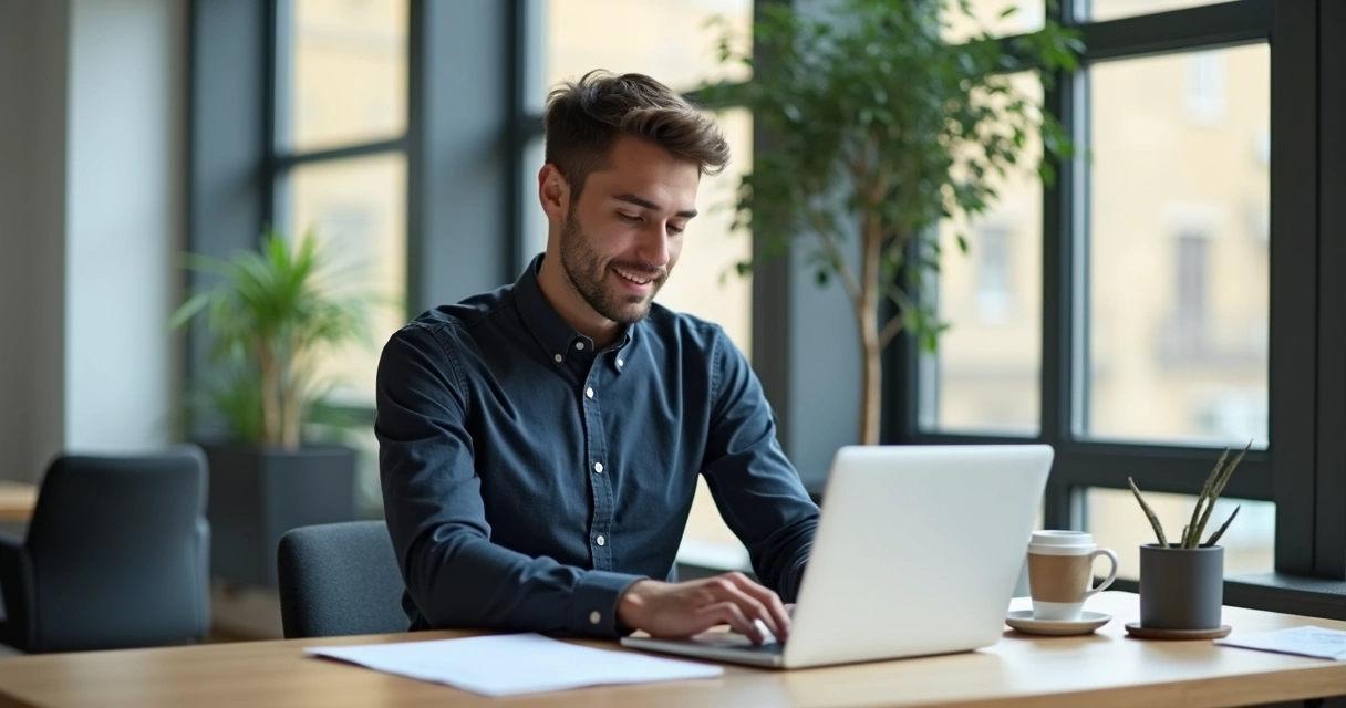 Homem com notebook digitando currículo em mesa de escritório 