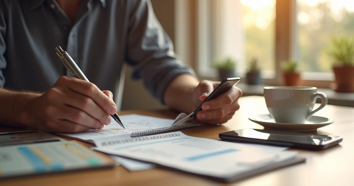 Homem anotando despesas no celular com cartão ao lado 