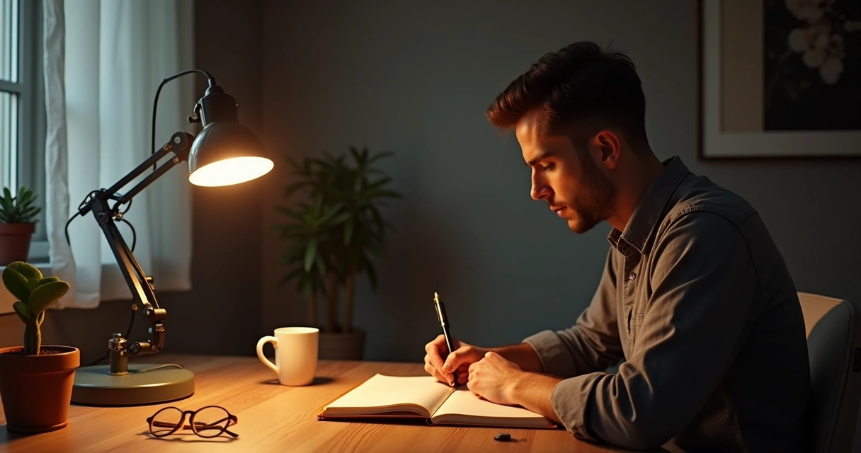 Homem escrevendo em diário em uma mesa de madeira 