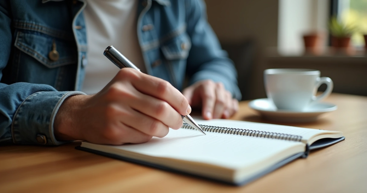 Homem escrevendo em diário com xícara de café na mesa. 