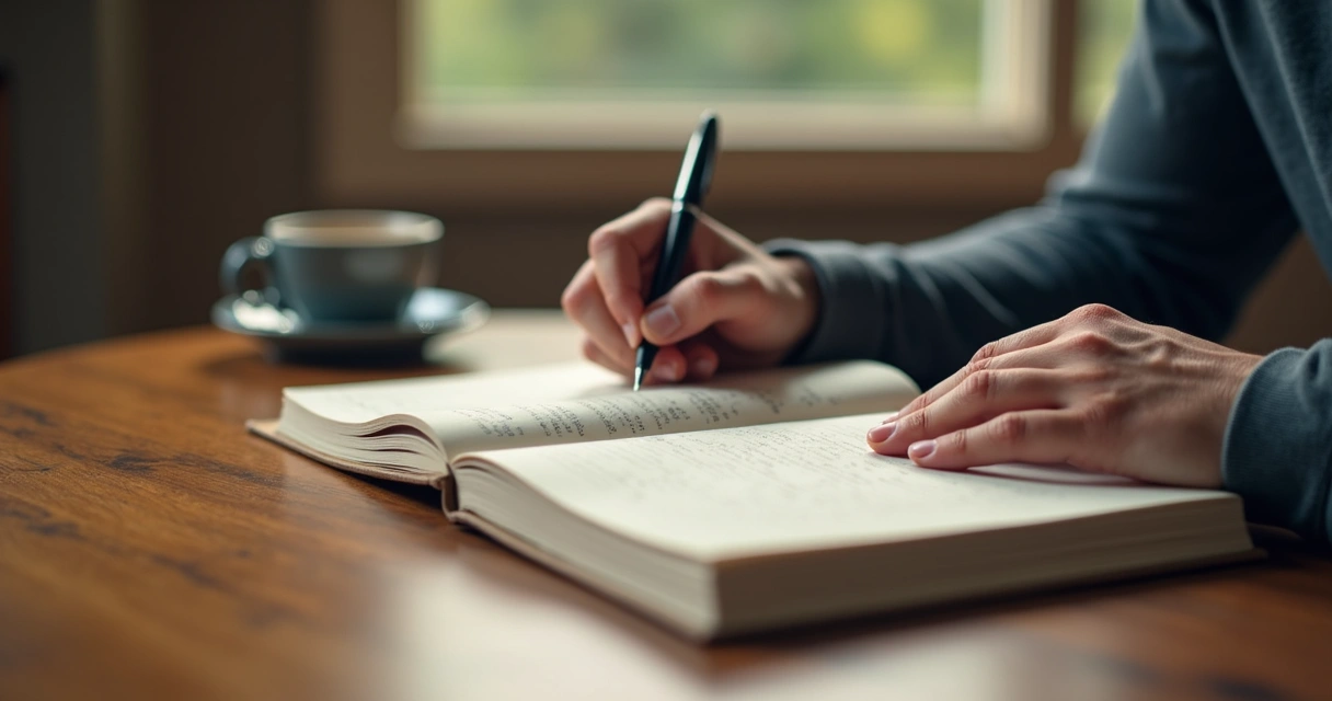 Homem escrevendo em diário em uma mesa de madeira 