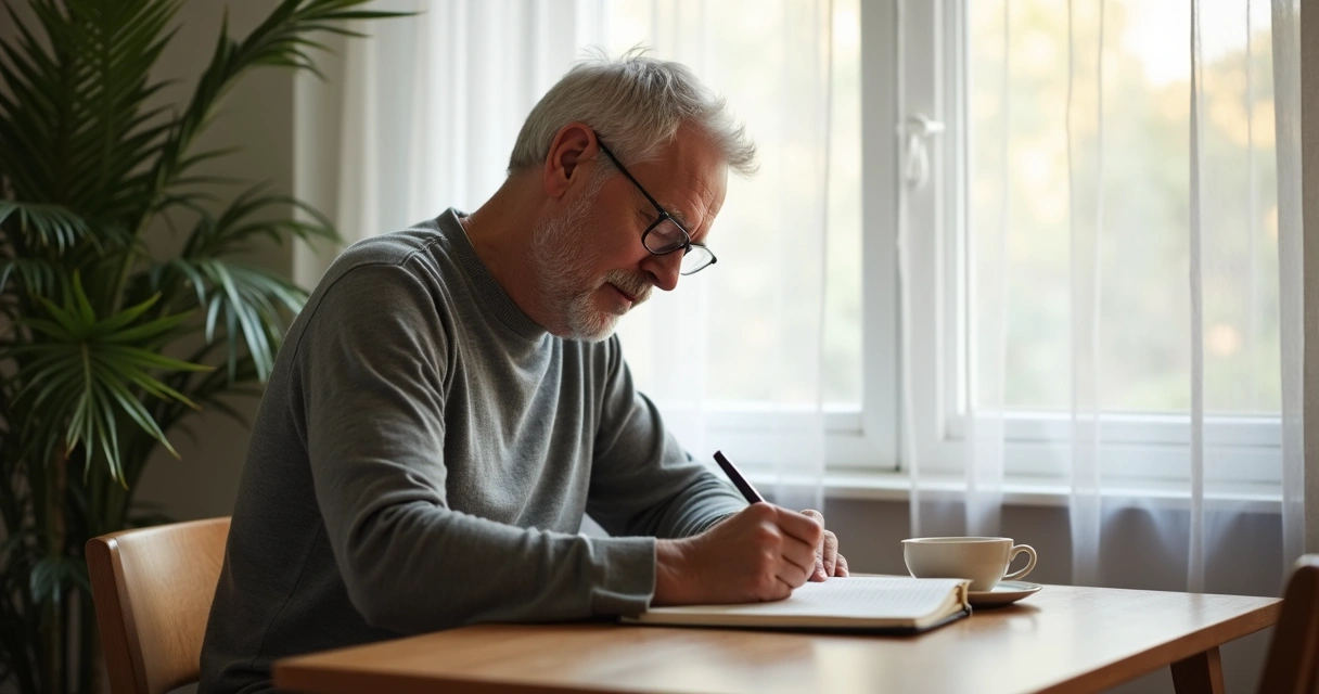 Homem escrevendo em diário emocional sentado à mesa de madeira