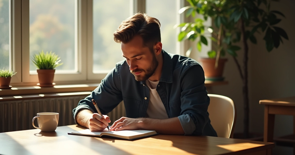 Homem escrevendo em diário sentado em mesa de madeira 