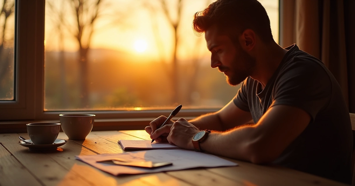 Pessoa escrevendo em um diário pessoal na mesa 