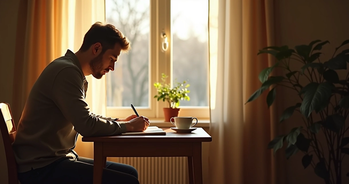 Homem escrevendo em um diário sob luz suave 