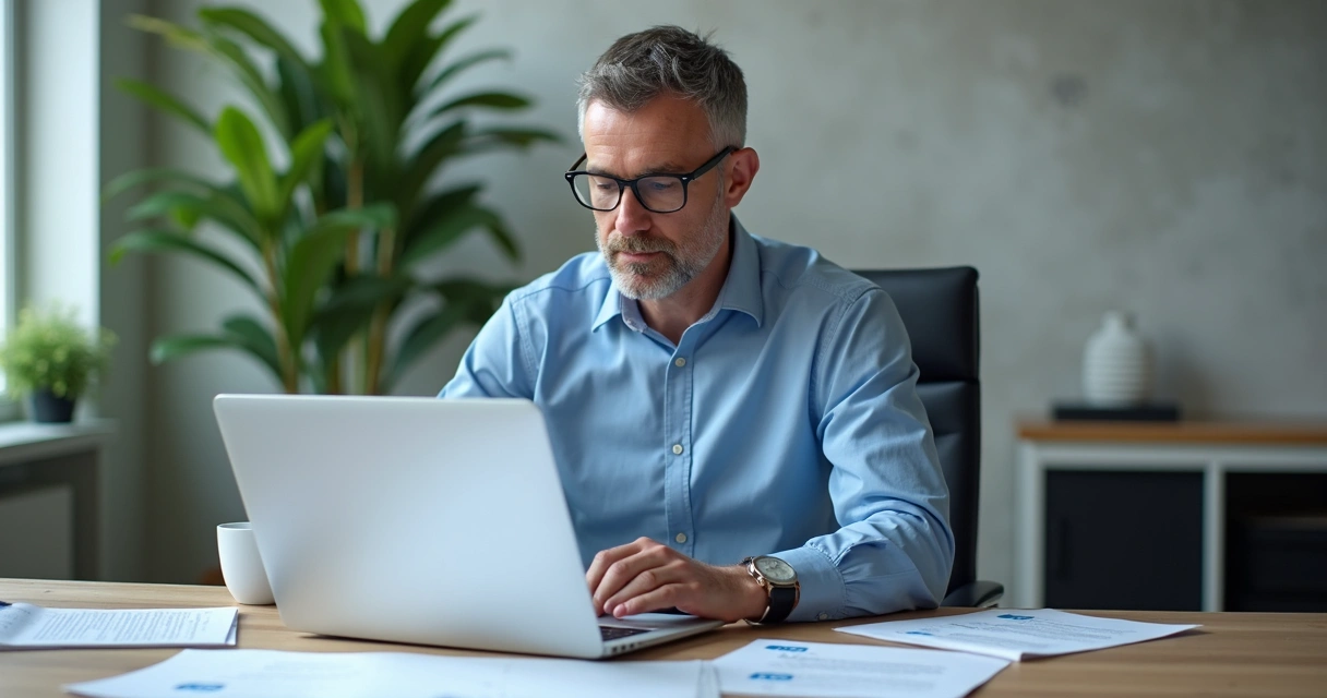 Homem digitando concentrado com notebook aberto ao lado de planta em escritório moderno 