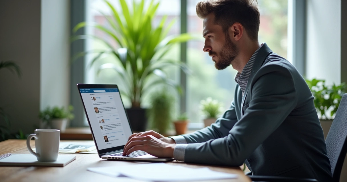 Homem digitando em notebook em uma mesa. 