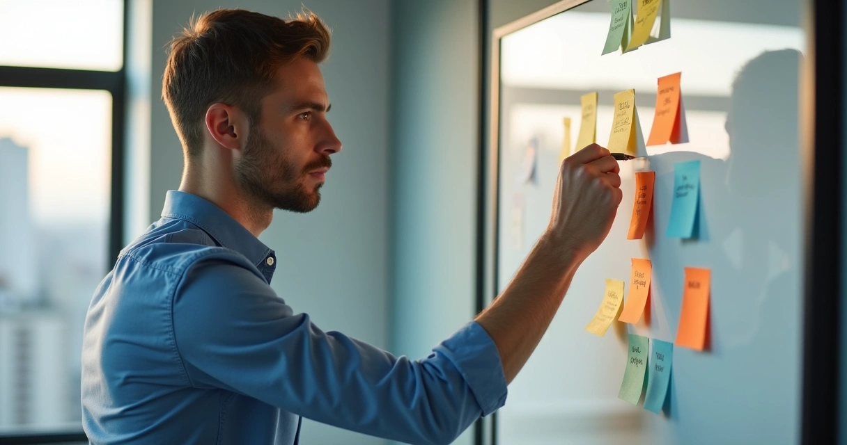 Homem de camisa azul escrevendo metas em post-its colados em um quadro branco 