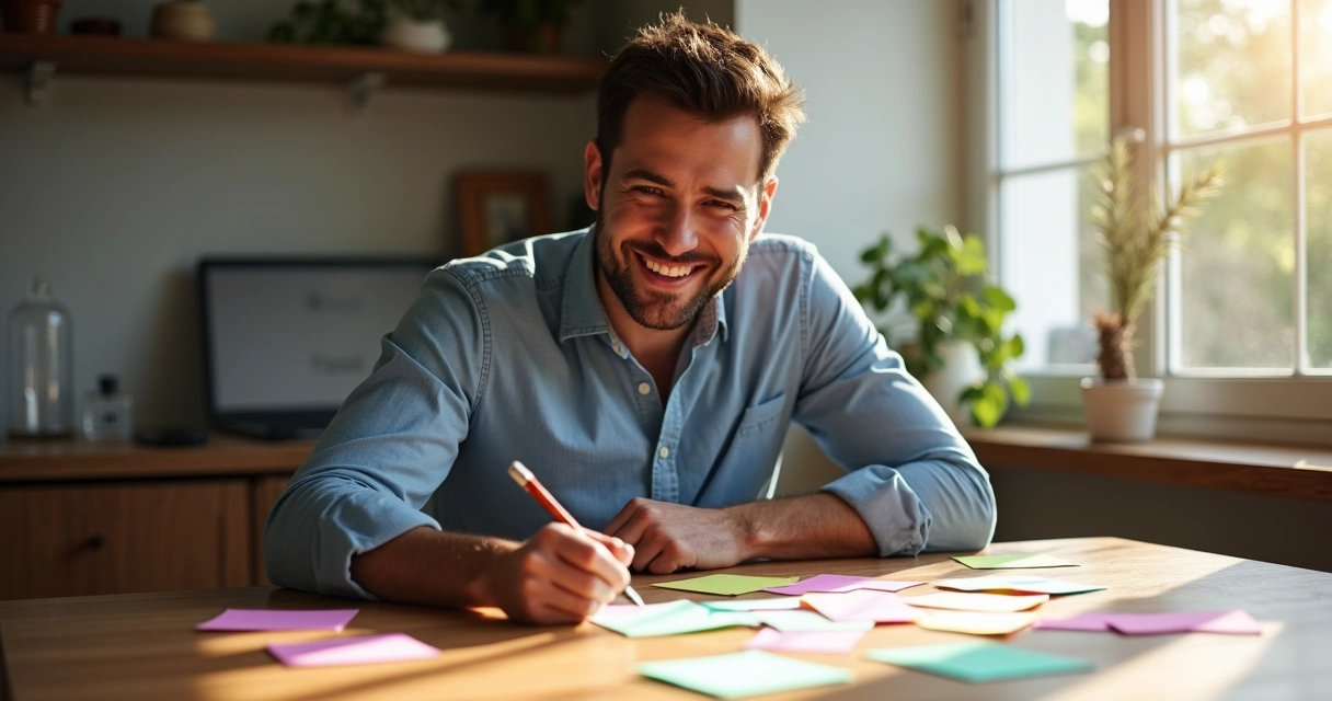 Homem adulto escrevendo reflexões em papéis coloridos. 