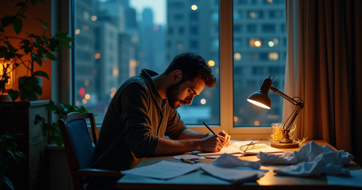 Homem escrevendo pensamentos em um caderno enquanto reflete