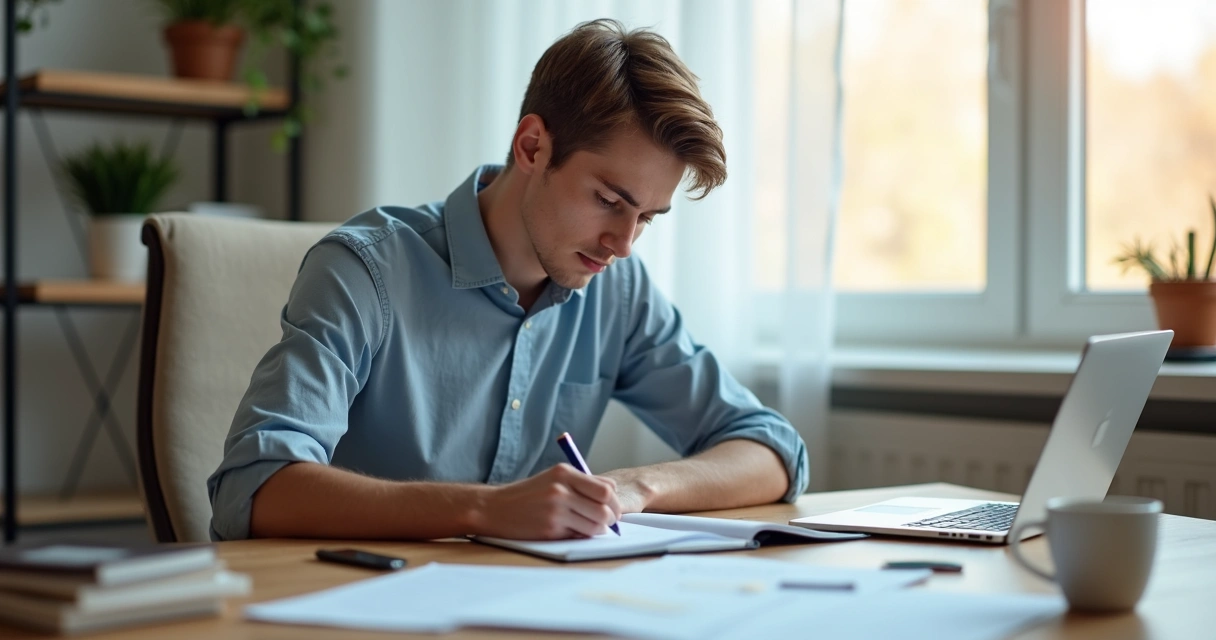Homem jovem escrevendo plano de carreira em caderno sobre mesa de madeira clara 