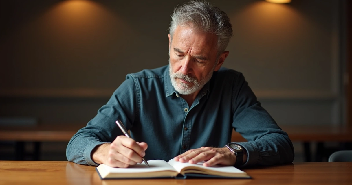 Homem maduro escrevendo em um caderno em uma mesa com luz suave