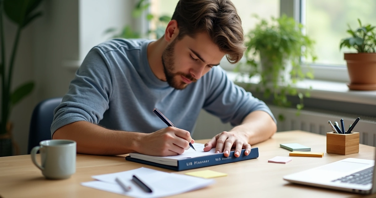 Homem escrevendo em planner de capa personalizada 