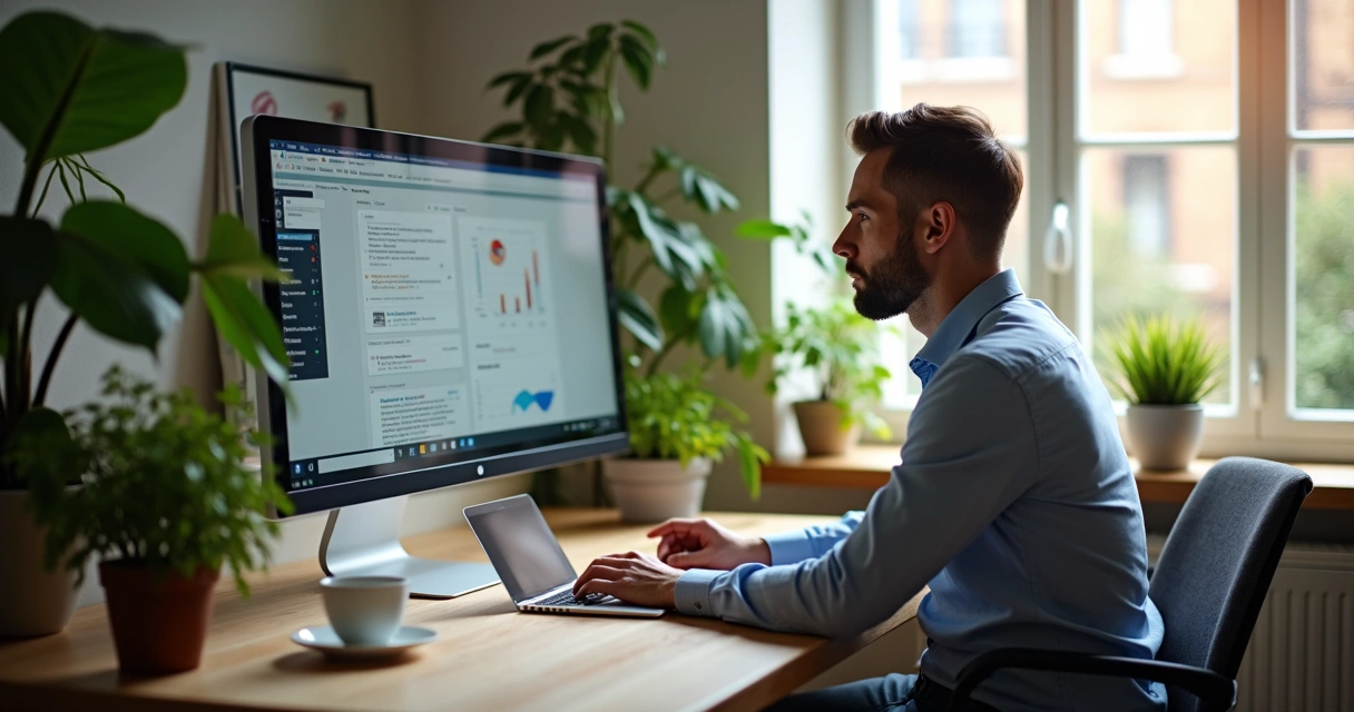 Homem sentado em escritório em casa segurando uma caneca e olhando pela janela 