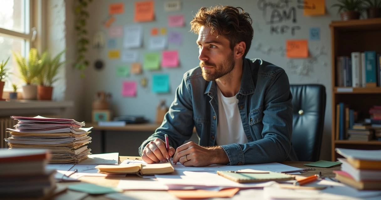 Homem em escritório bagunçado olhando para vários papéis coloridos 