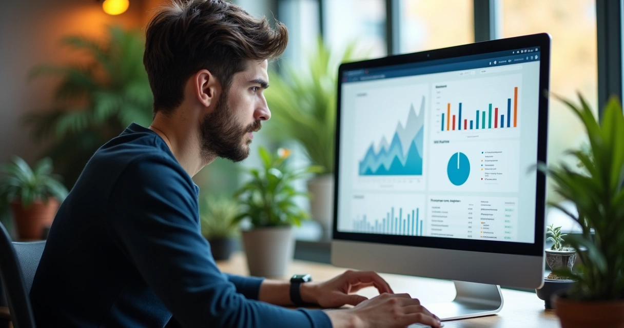 Homem trabalhando em escritório digital, focado na tela do computador 