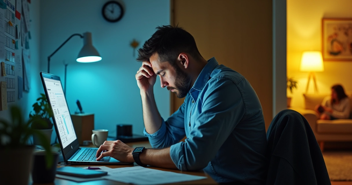 Homem em escritório dividido entre ambiente estressante e família ao fundo 