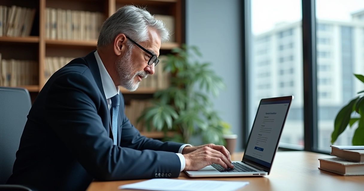 Advogado enviando notificação extrajudicial por e-mail em escritório