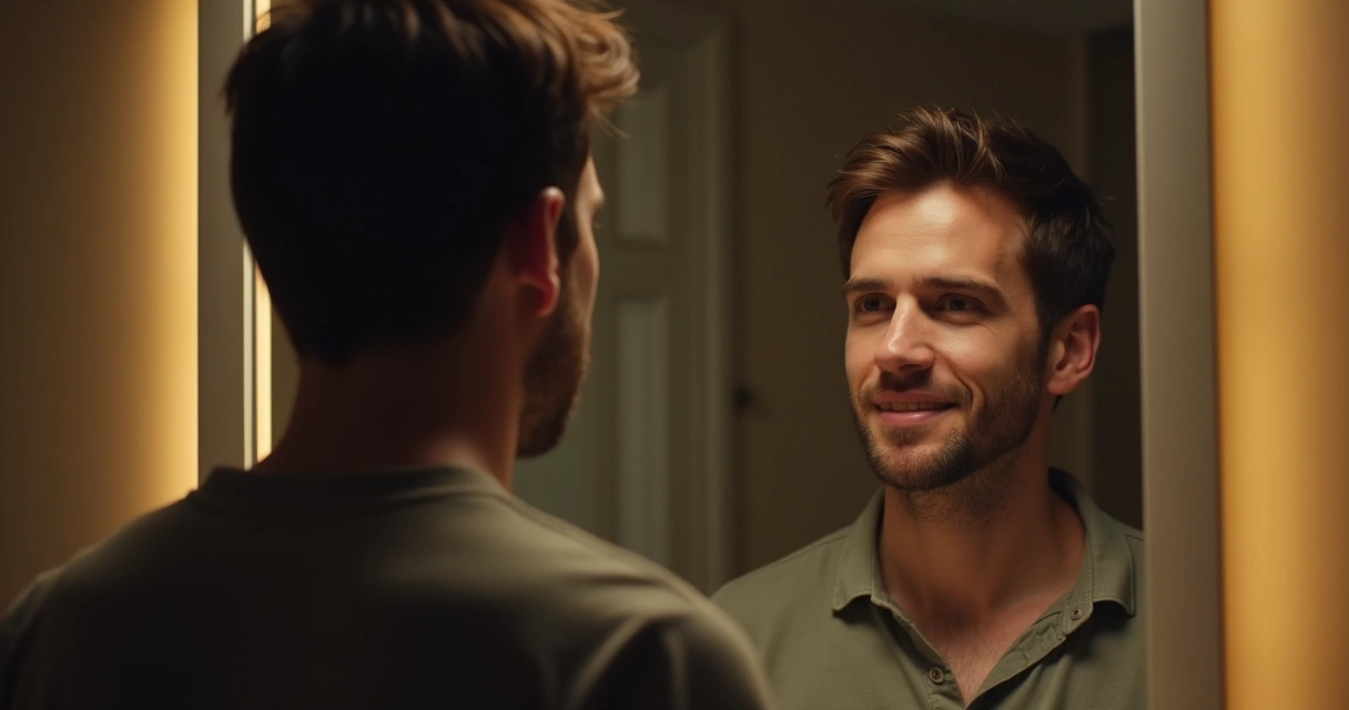 Homem diante do espelho refletindo, expressão de autoconhecimento 