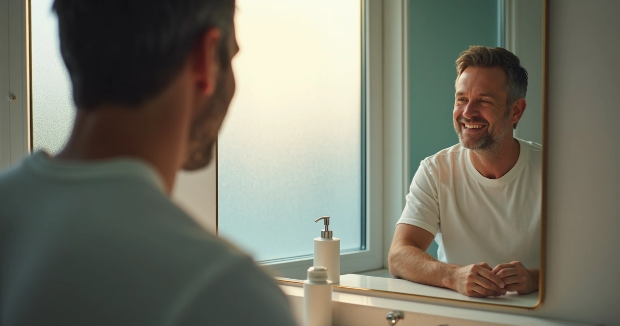 Homem sorrindo levemente olhando para espelho no banheiro 