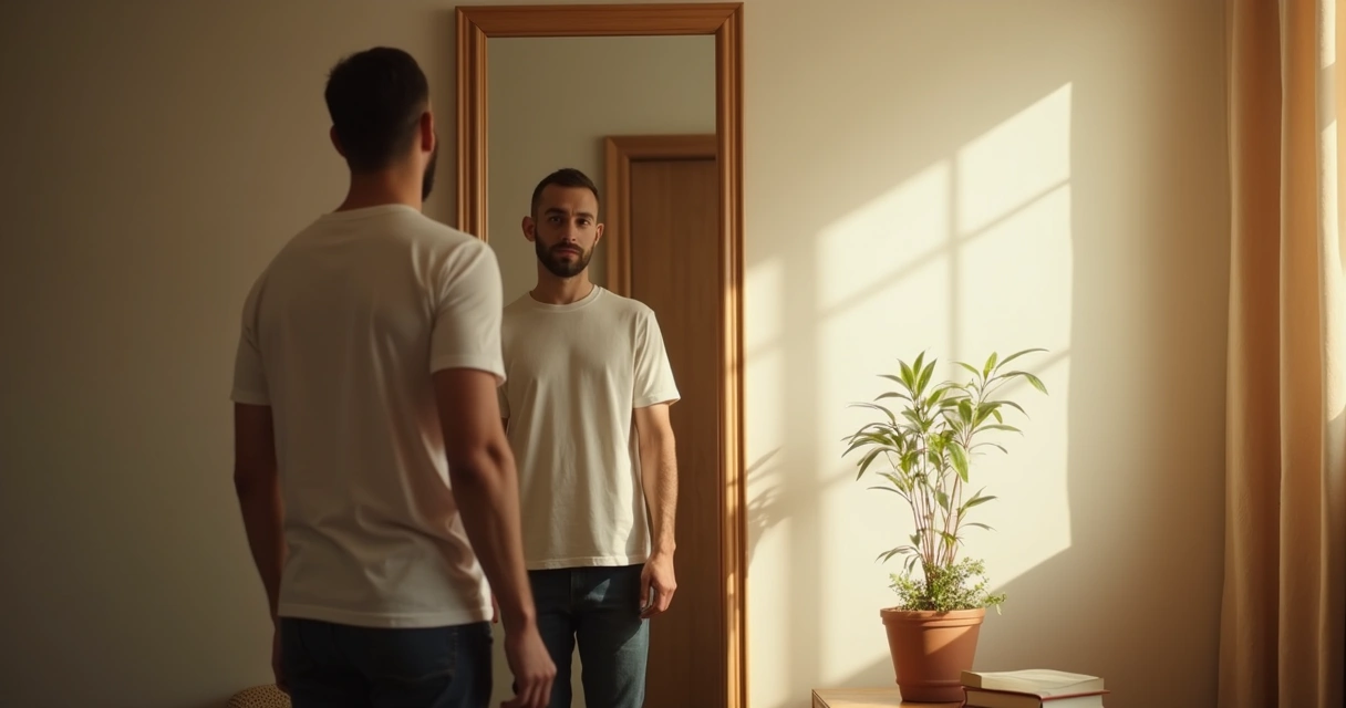 Homem se olhando no espelho com expressão serena 