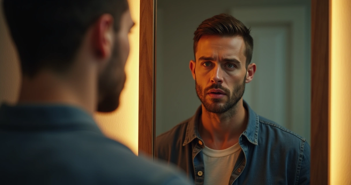 Homem olhando no espelho, semblante dividido entre calma e tensão 