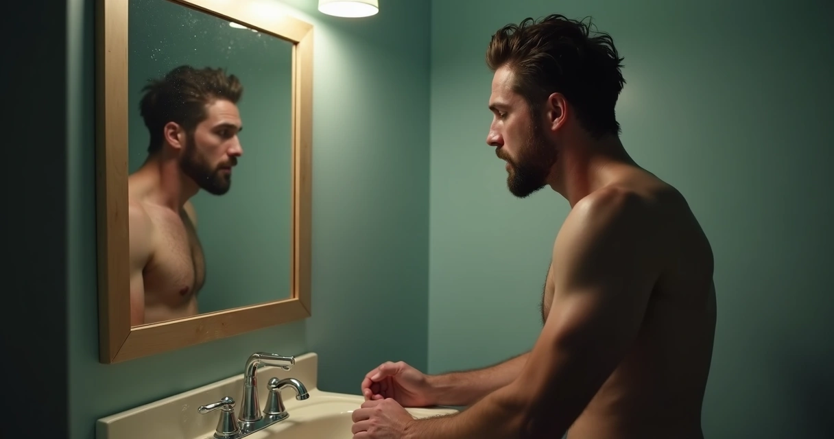 Homem sozinho olhando para o espelho com expressão intensa 
