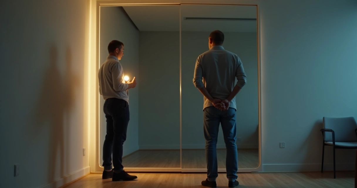 Homem diante de espelho com dois reflexos contrastando escolhas morais 