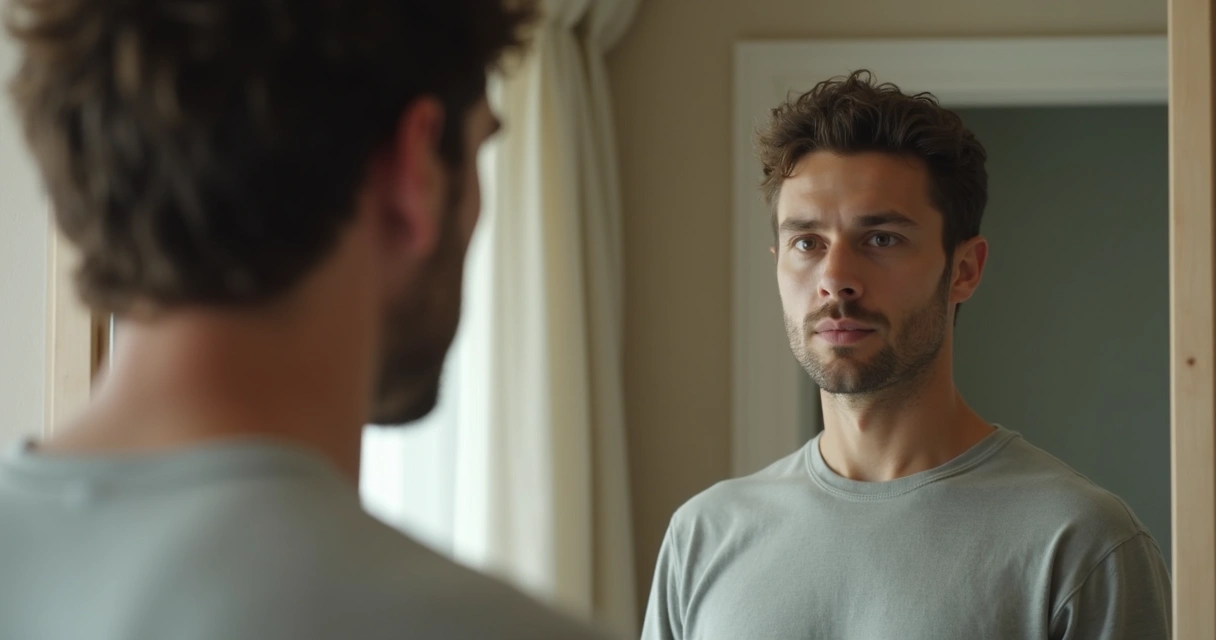 Homem olhando para si mesmo no espelho, expressão pensativa, cenário suave e neutro.