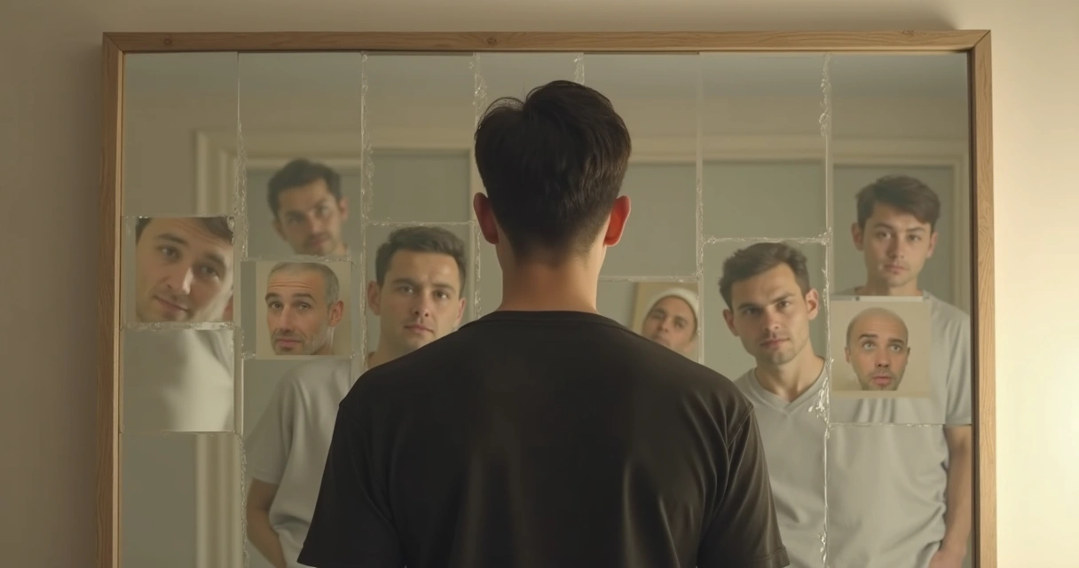 Homem observando reflexo no espelho