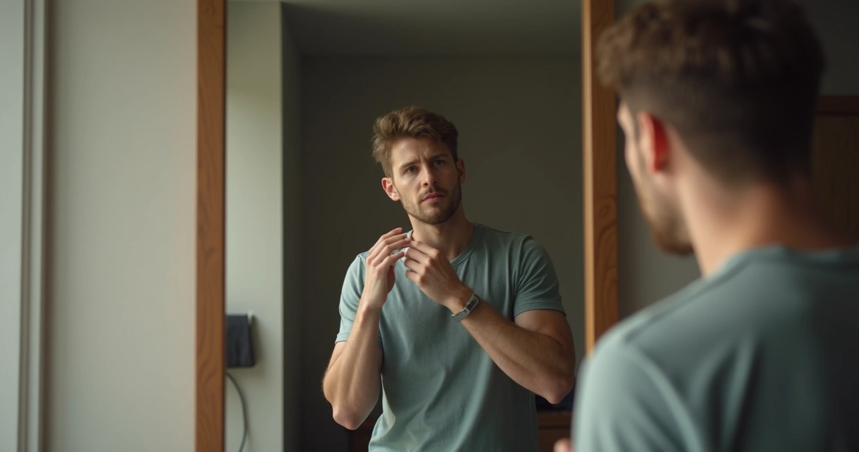 Homem olhando para o espelho, parecendo pensativo 