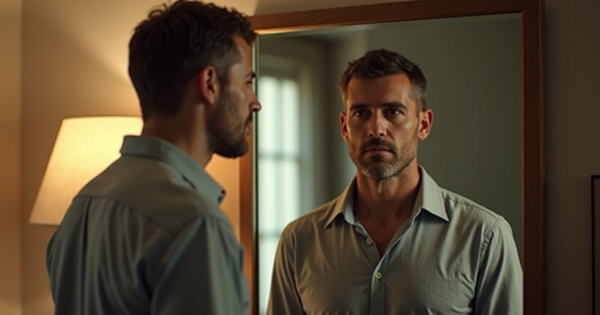 Homem diante do espelho com expressão reflexiva 