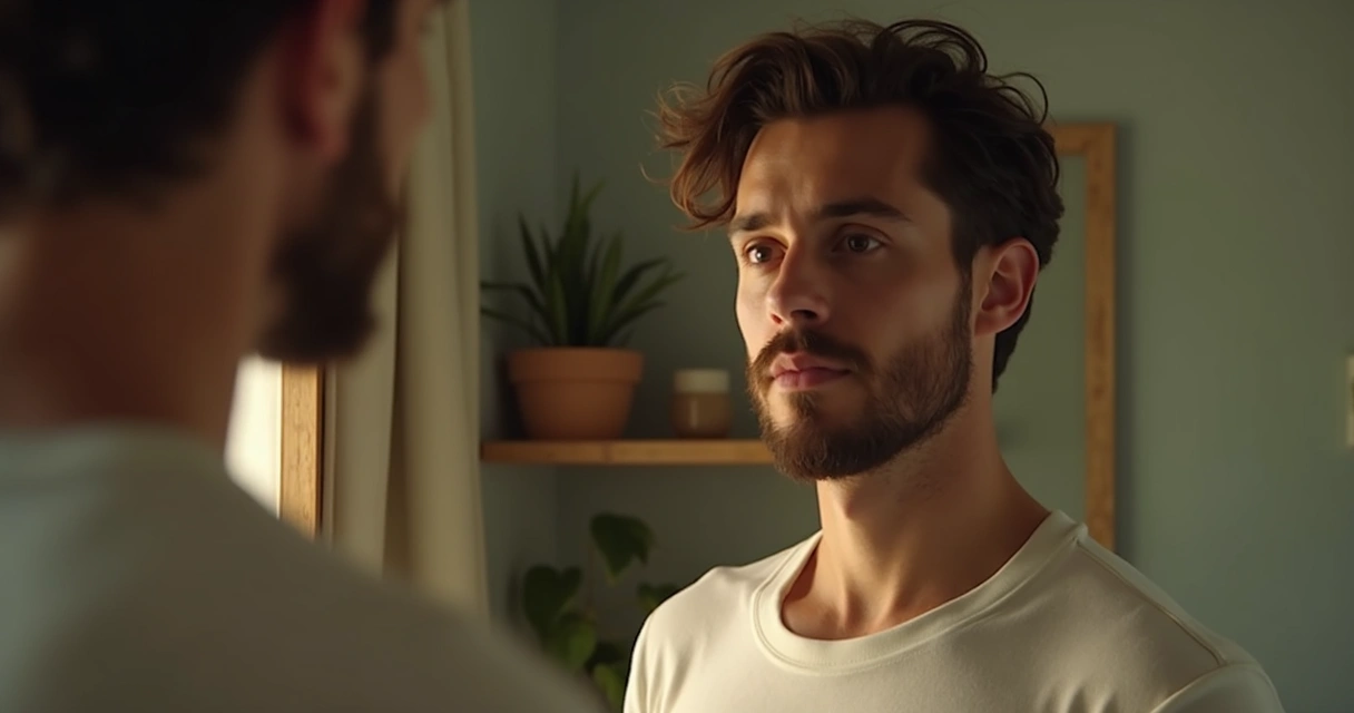 Homem olhando para o próprio reflexo no espelho, demonstrando autoconhecimento 