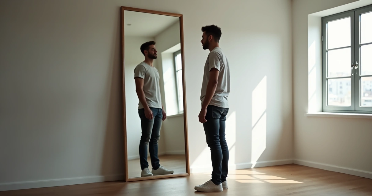 Homem olhando para seu reflexo em um espelho grande 