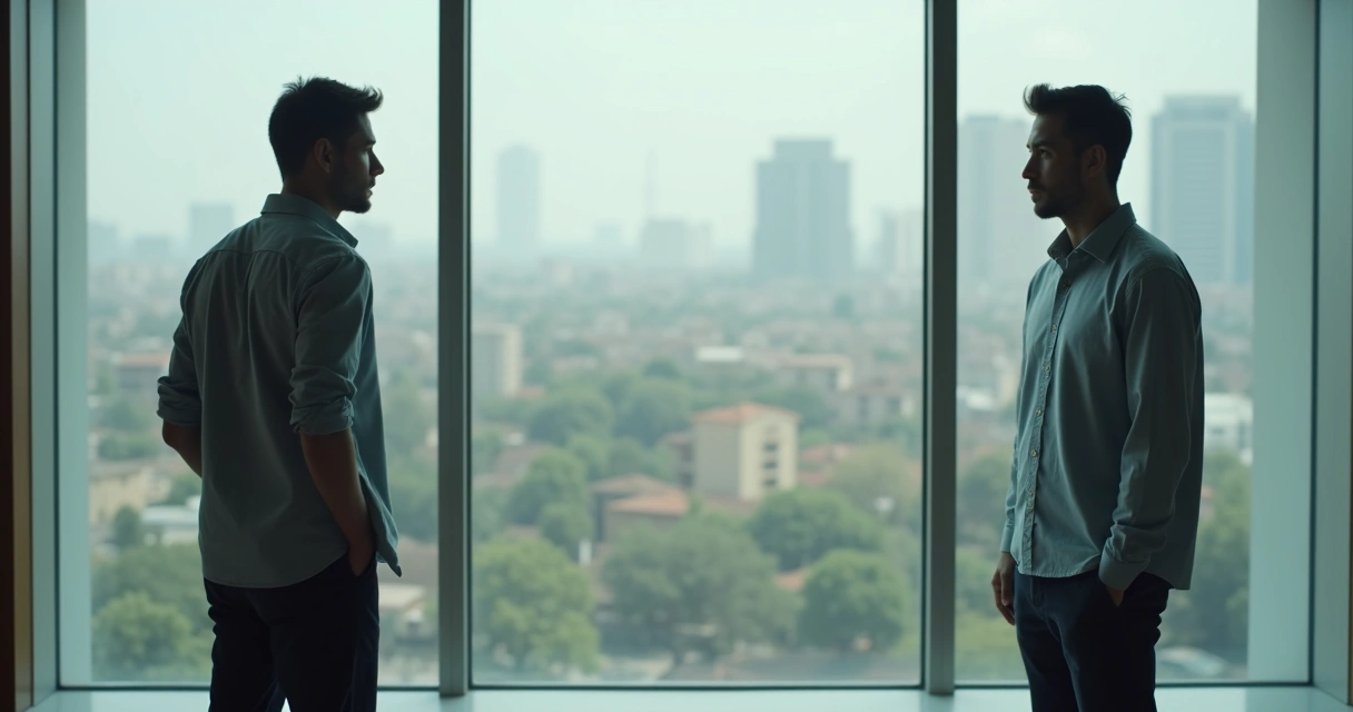 Homem olhando seu reflexo do lado de fora de uma janela de vidro 