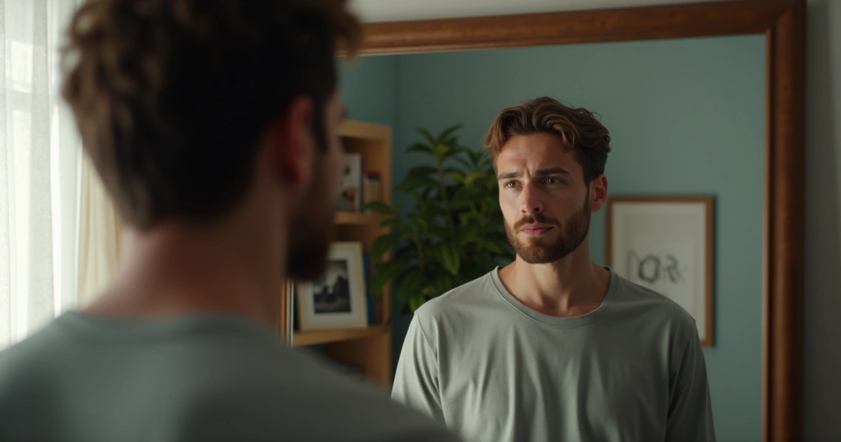 Homem olhando para seu reflexo no espelho em momento de reflexão 