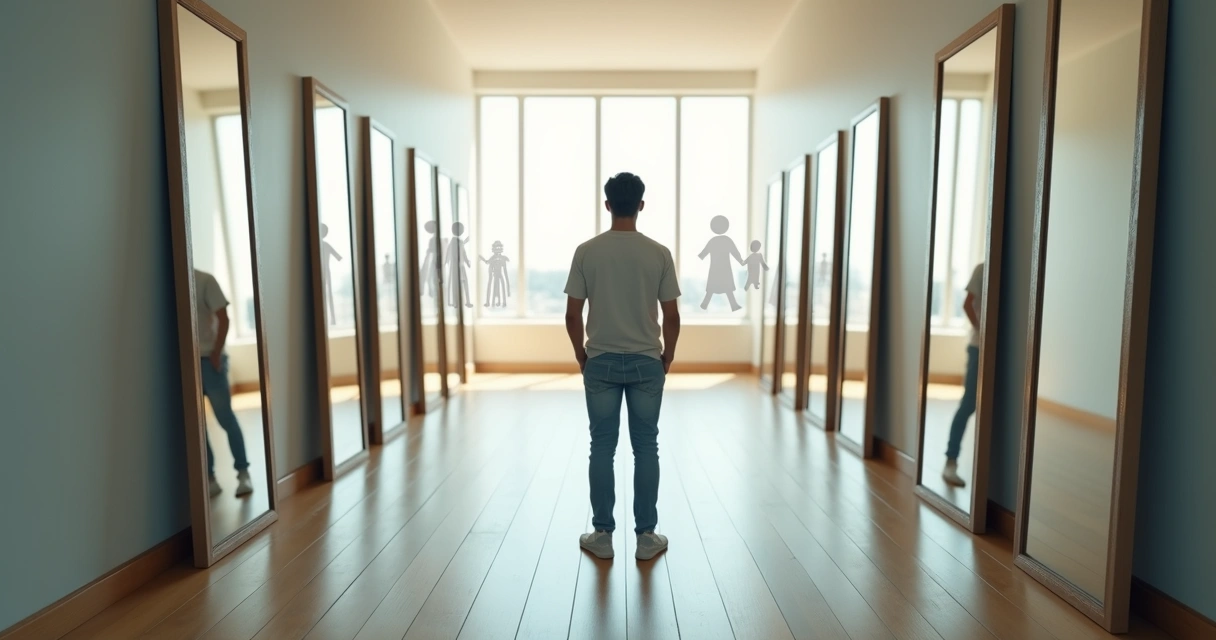 Homem em corredor com vários espelhos reconhecendo diferentes versões de si mesmo 