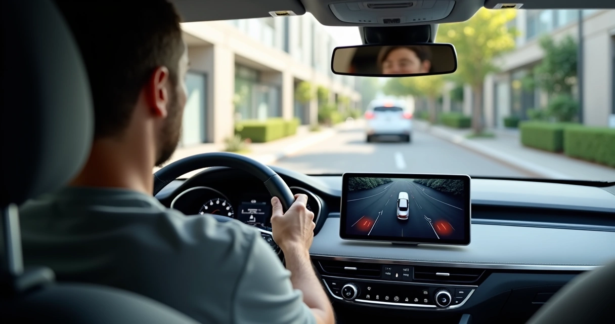 Homem utilizando sensor de estacionamento ao manobrar um carro 