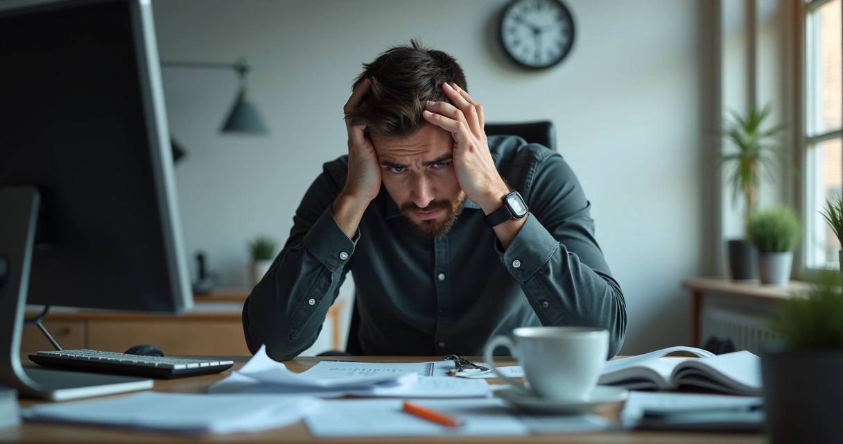 Homem sentado à mesa, com as mãos na cabeça, cercado de papéis e computador 