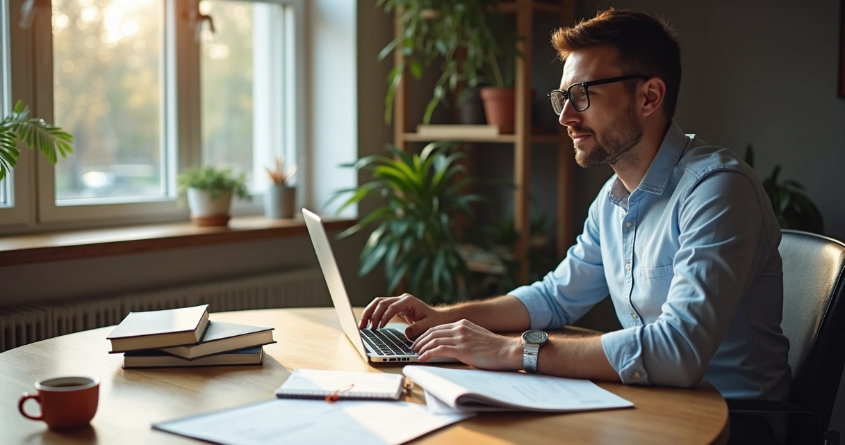 Homem sentado em mesa com notebook e segurando certificado digital em folha 